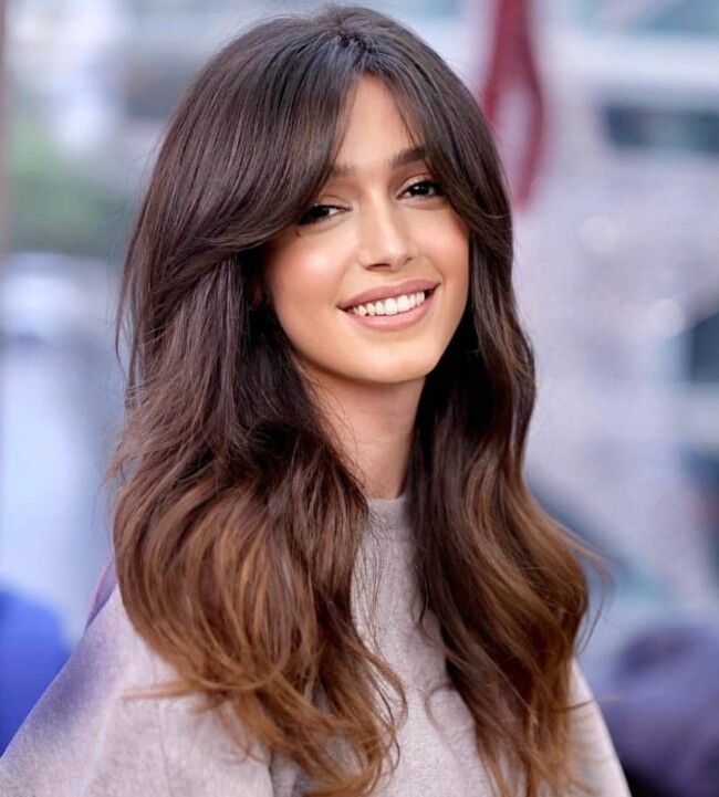 40 Ways to Wear Medium and Long Hair with Bangs — Dark Toffee with Bright Ends