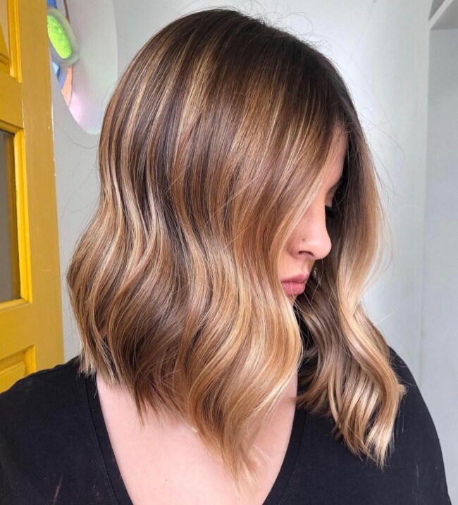 37 Most Stylish Long Bob Hairstyles To Try in 2022 — Mixed Caramel + Honey Lob Hairstyle