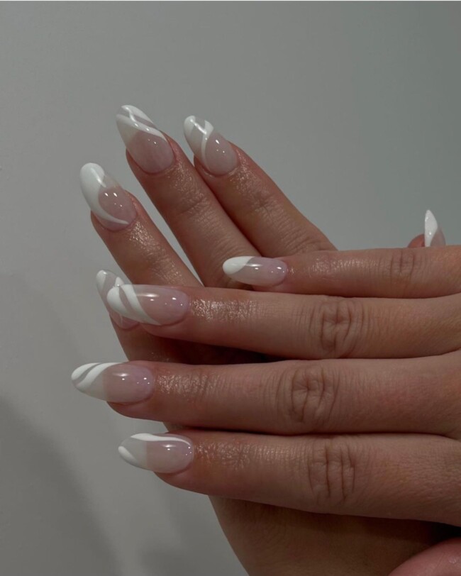 42 Stunning Bridal Nail Art Designs — White Swirl Sheer Almond Nail Art