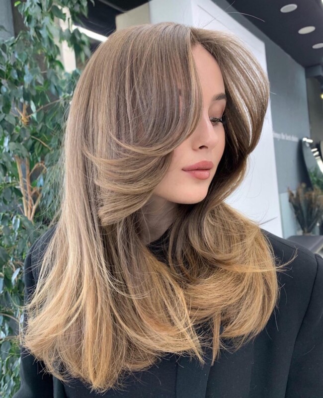 70+ Curtain Bangs That Are So Cute — Blonde Balayage with Swirl Curtain Bangs