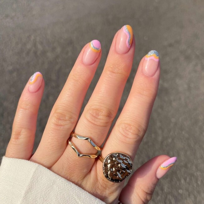 30 Aesthetic Pastel Nails That Are Perfect For Spring — Glitter & Pastel Rainbow Tip Nail Art