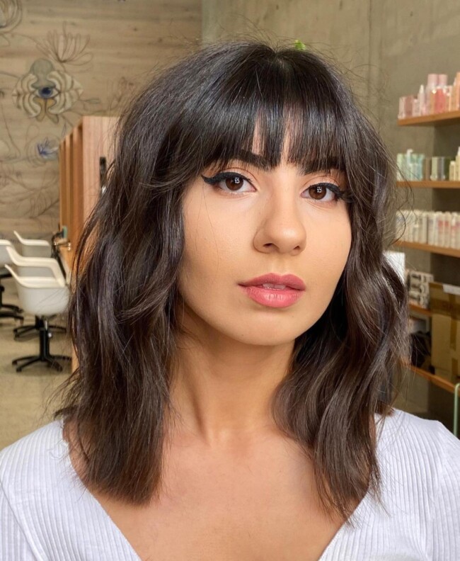 40 Ways to Wear Medium and Long Hair with Bangs — Layered Lob Haircut with Bangs