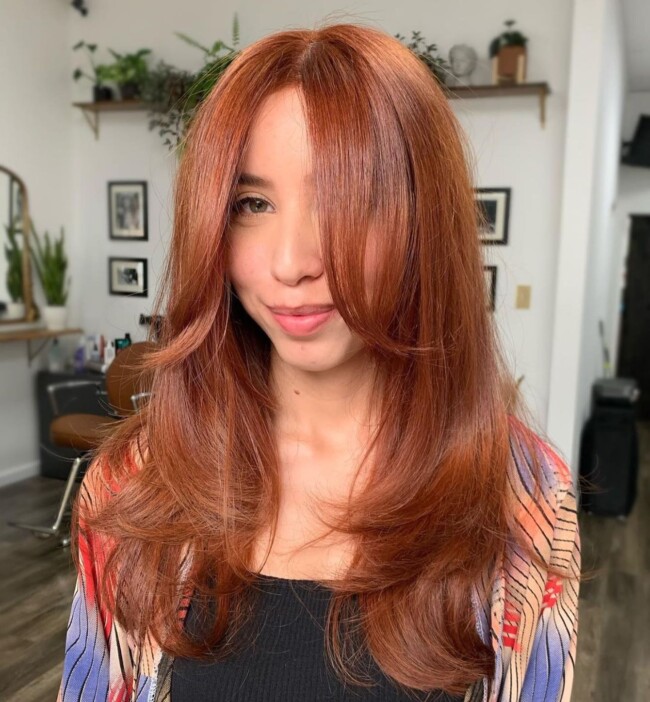 70+ Curtain Bangs That Are So Cute — Red Copper Layered Haircut with Bangs