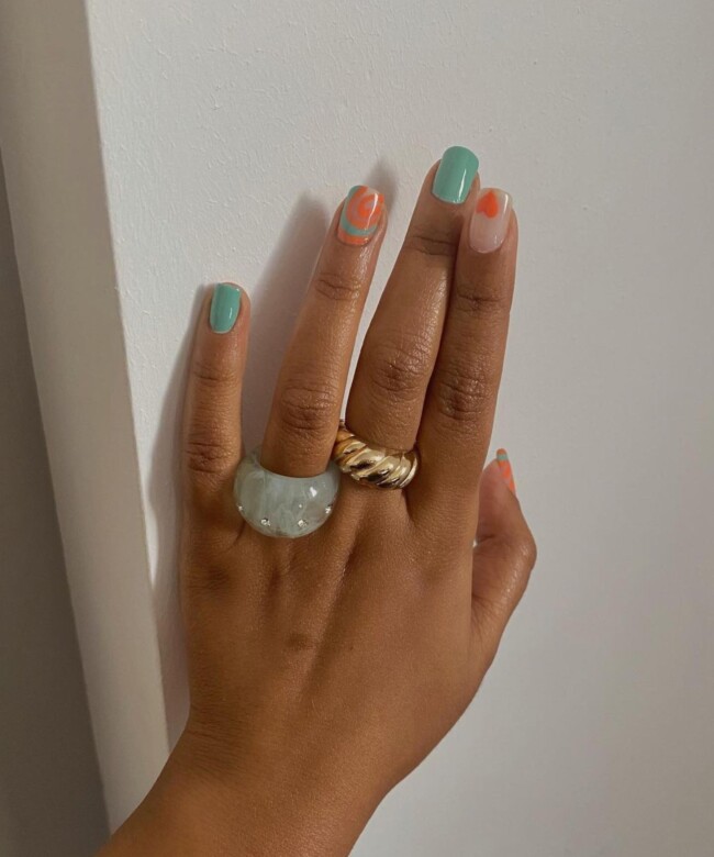 30 Aesthetic Pastel Nails That Are Perfect For Spring — Soft Green & Orange Nail Art