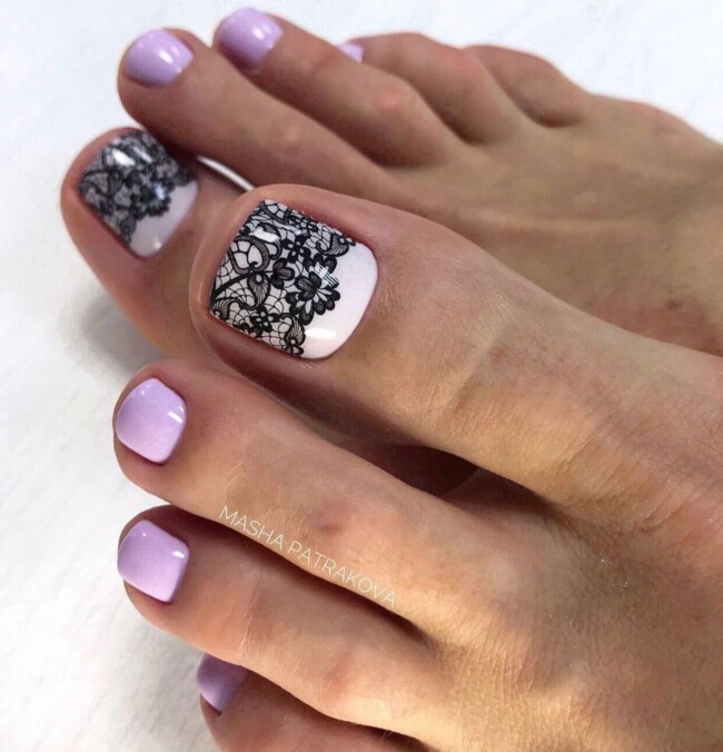 72 Cute Toe Nail Designs — Black Lace & Lilac Pedicure