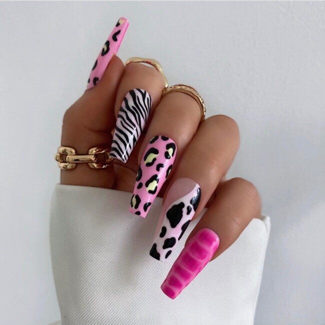 44 Trendy Pink Nails For Every Outfit — Mixed Pink Animal Print Nail Art