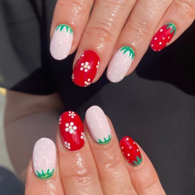 47 Best Spring Nails That Goes With Everything — Pink and Red Fruit Nail Art