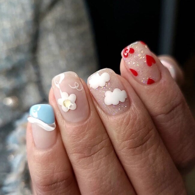 47 Best Spring Nails That Goes With Everything — Cloud, Heart and Flower Nail Art