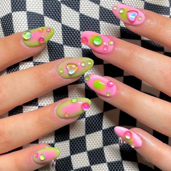 47 Best Spring Nails That Goes With Everything — Green & Pink Kawaii Nail Art