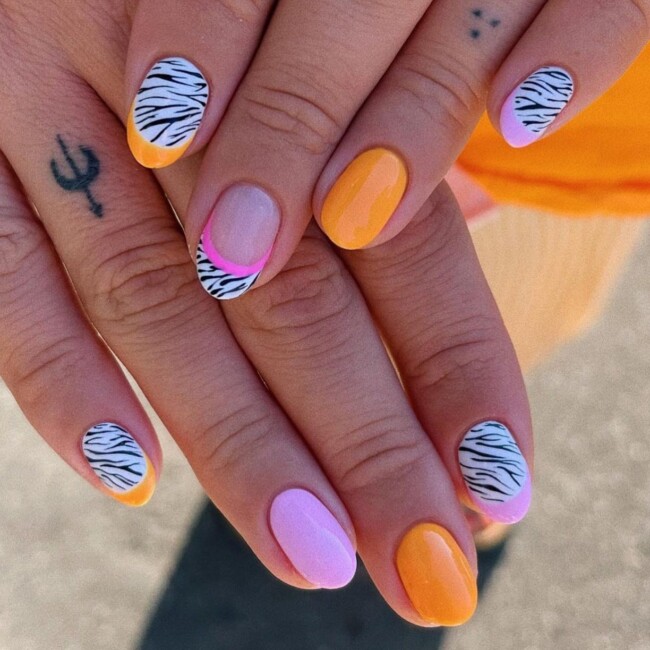 38 Short Summer Nails 2022 — Zebra, Pink and Peach Nail Art