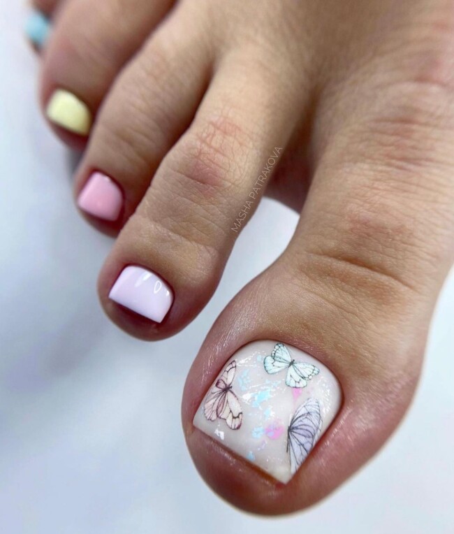 72 Cute Toe Nail Designs — Butterfly Pastel Pedicure