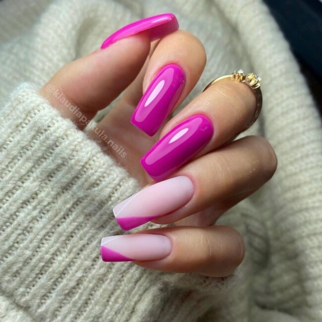 44 Trendy Pink Nails For Every Outfit — Glossy Dark Pink + Matte Pink French Nailst