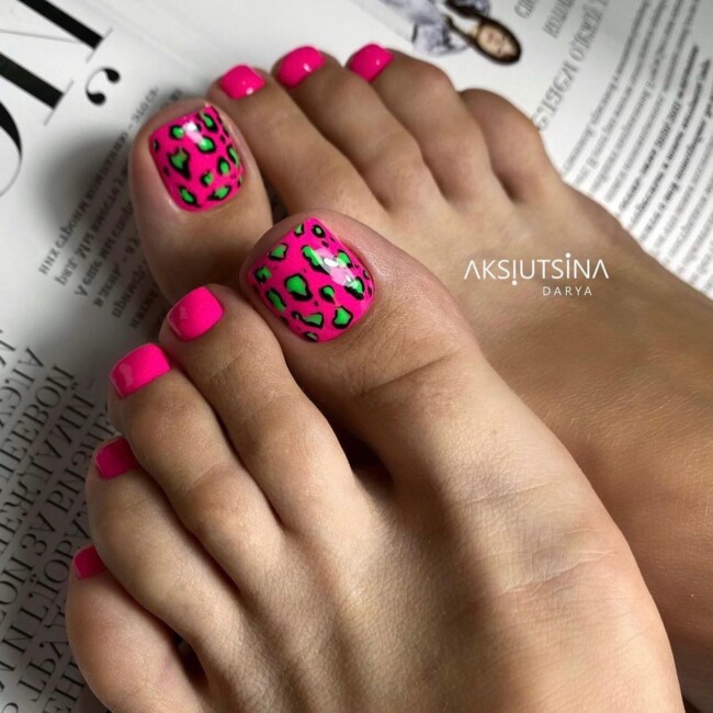 72 Cute Toe Nail Designs — Leopard Bright Pink Pedicure