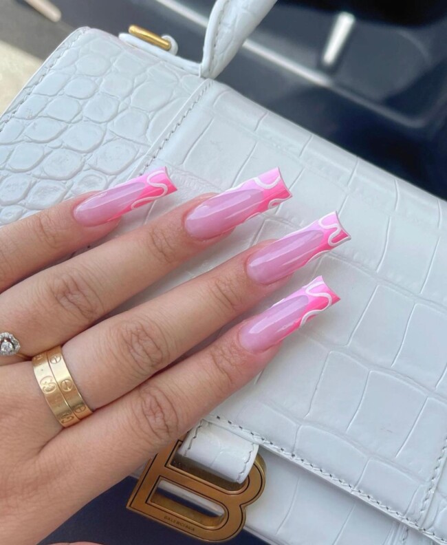 44 Trendy Pink Nails For Every Outfit — White Swirl Pink French Acrylic Nails