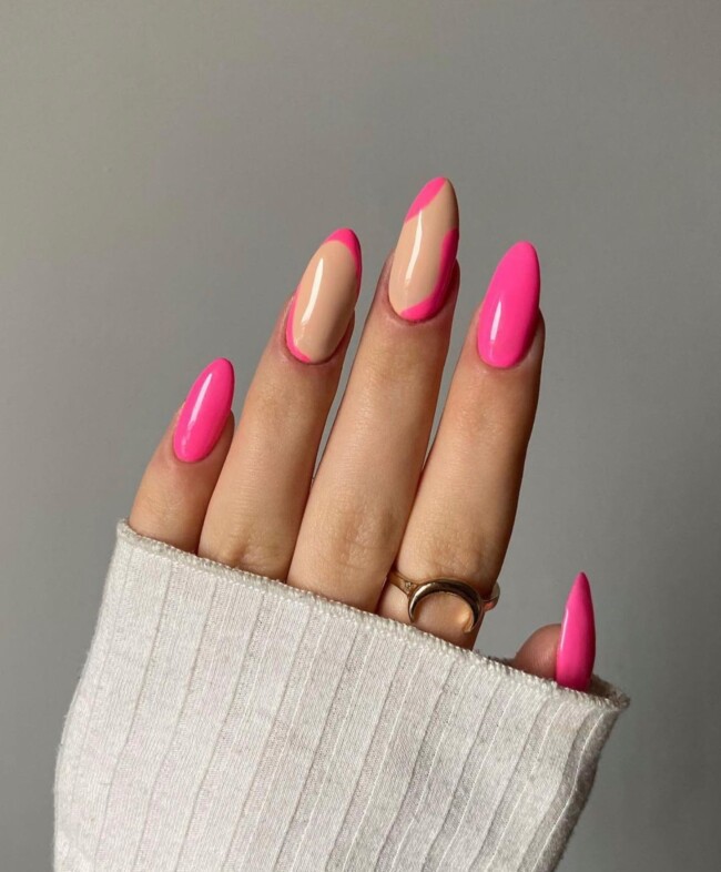 44 Trendy Pink Nails For Every Outfit — Abstract Hot Pink and Nude Nails