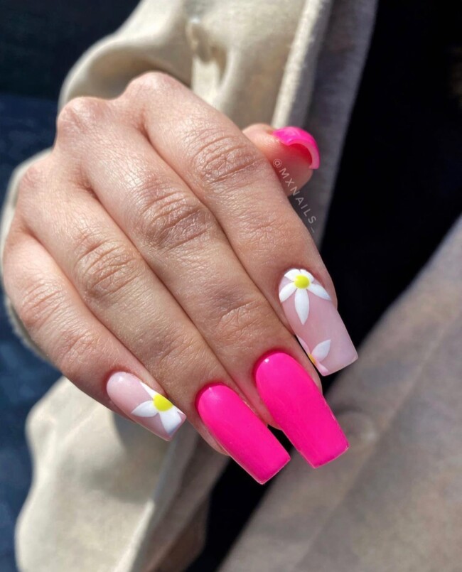 44 Trendy Pink Nails For Every Outfit — Bright Pink Nails + Flower Nails