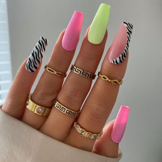 47 Best Spring Nails That Goes With Everything — Acrylic Green, Pink and Zebra Nail Art