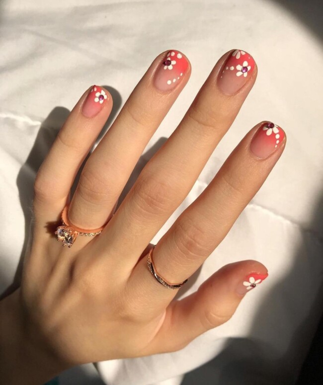 38 Short Summer Nails 2022 — Ombre French Tips with Flowers