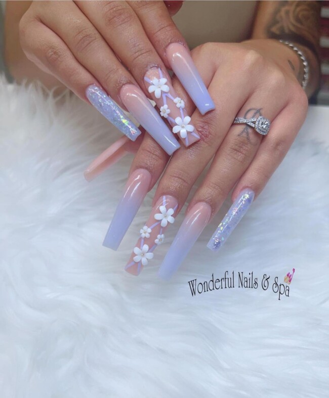 47 Best Spring Nails That Goes With Everything — Acrylic Lilac 3D Flower Nail Art