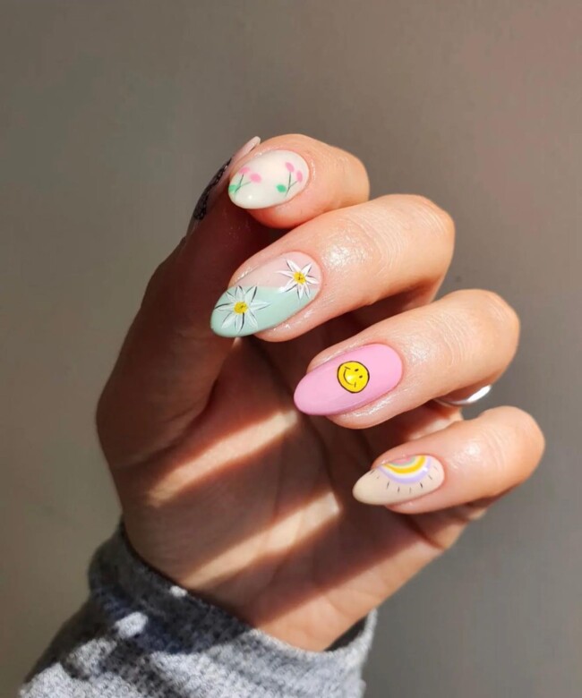 47 Best Spring Nails That Goes With Everything — Mixed Colored Blue, Pink and Designs