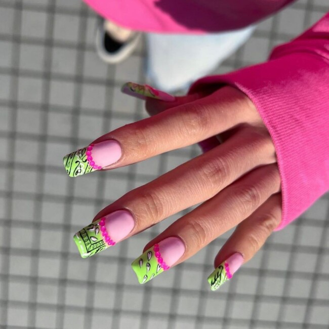 44 Trendy Pink Nails For Every Outfit — Green Tip Pink Nail Art with Pink Beads