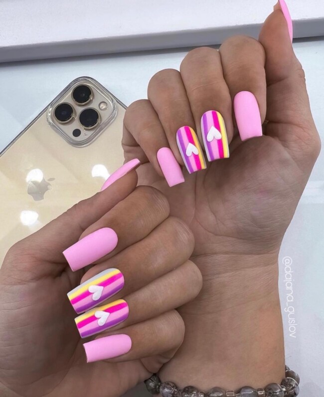 44 Trendy Pink Nails For Every Outfit — Heart + Stripped Pink Nail Art