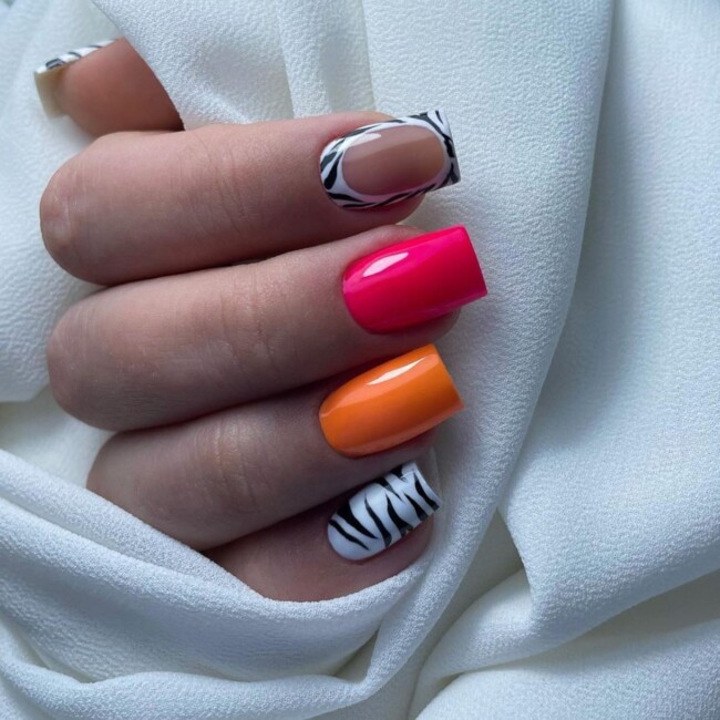 38 Short Summer Nails 2022 —. Zebra, Orange and Dark Pink Nails