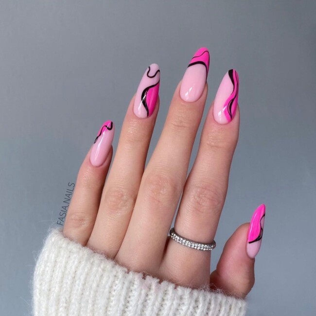 44 Trendy Pink Nails For Every Outfit — Hot Pink Abstract with Black Details