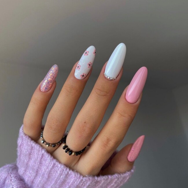 44 Trendy Pink Nails For Every Outfit — Pink Flower, White and Pink Almond Nails