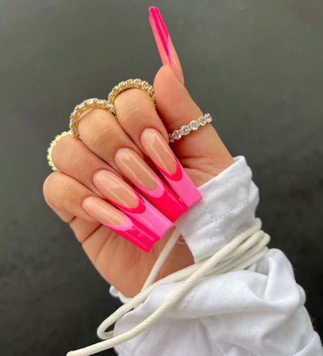 44 Trendy Pink Nails For Every Outfit — Baby Pink + Hot Pink French Acrylic Nails