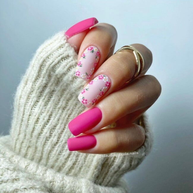 44 Trendy Pink Nails For Every Outfit — Pink Flower Outline + Matte Pink Nails