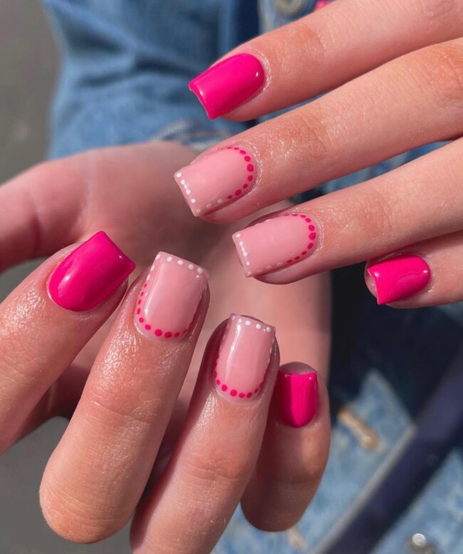 44 Trendy Pink Nails For Every Outfit — Dot Outline Hot Pink Short Nail Art