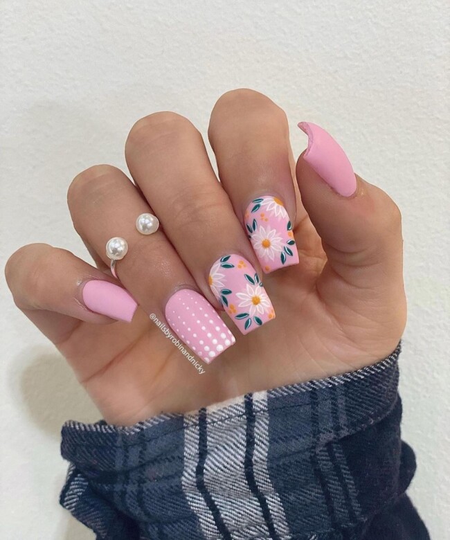 44 Trendy Pink Nails For Every Outfit — Flower + Polka Dot Pink Nail Art