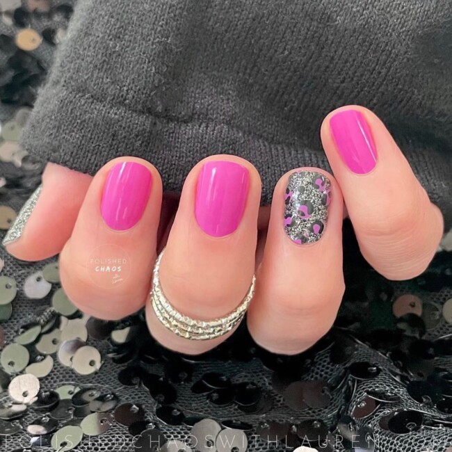 44 Trendy Pink Nails For Every Outfit — Black and Glitter Leopard and Pink Nail Art