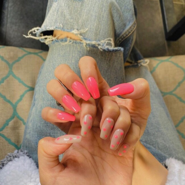 44 Trendy Pink Nails For Every Outfit — Pink Heart Nude Nails + Pink Nails