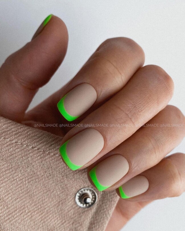 35 Modern Simple French Tip Nails — Neon Green Nude Tip Square Nails