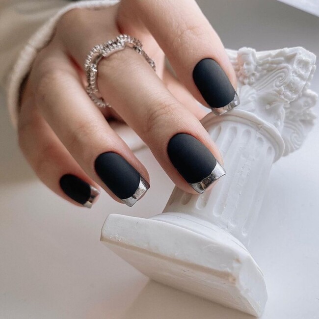 35 Modern Simple French Tip Nails — Silver Tip Matte Black Nails