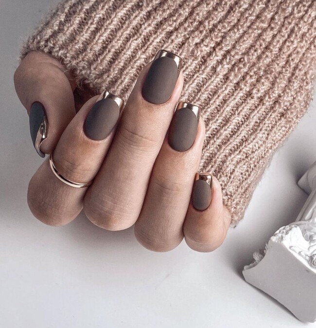 35 Modern Simple French Tip Nails — Coffee Colored Nails Gold French Tips