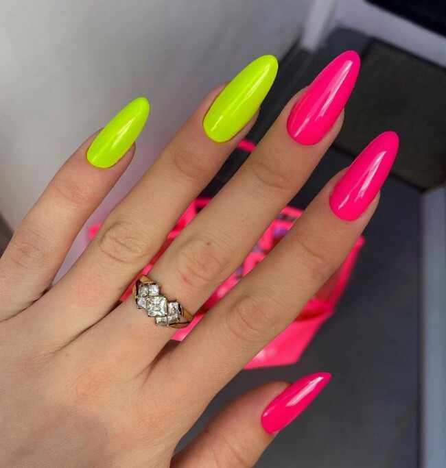 27 Best Summer Nail Colors — Hot Pink and Neon Yellow Almond Nails