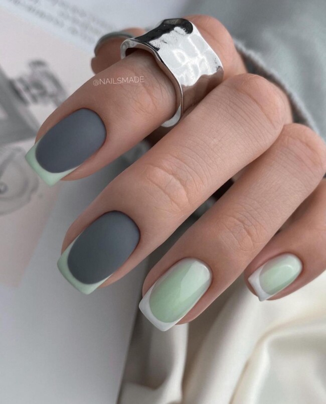 35 Modern Simple French Tip Nails — Pastel Green & White French Tip Nails