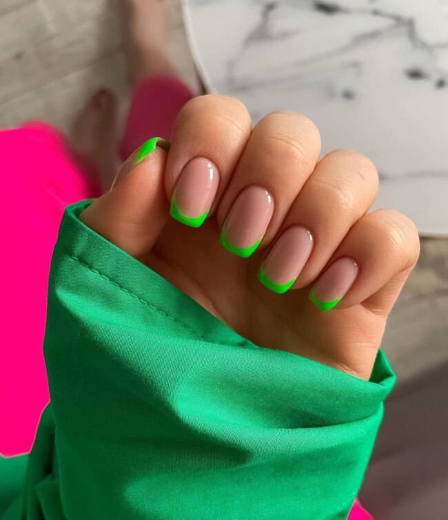 35 Modern Simple French Tip Nails — Neon Green French Tip Nails