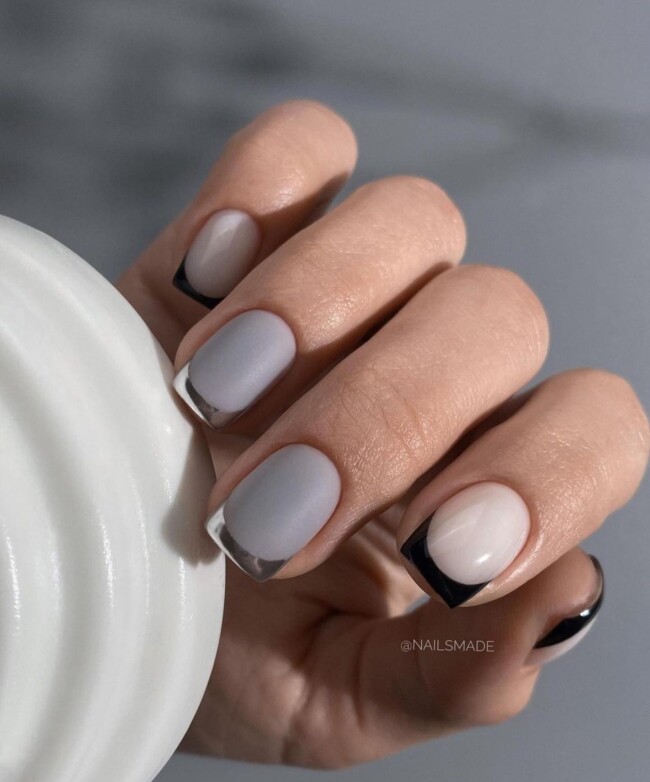 35 Modern Simple French Tip Nails — Black and Silver French Tip Nails