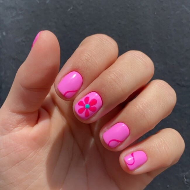 27 Best Summer Nail Colors — Pink Short Nails with Flower Accents