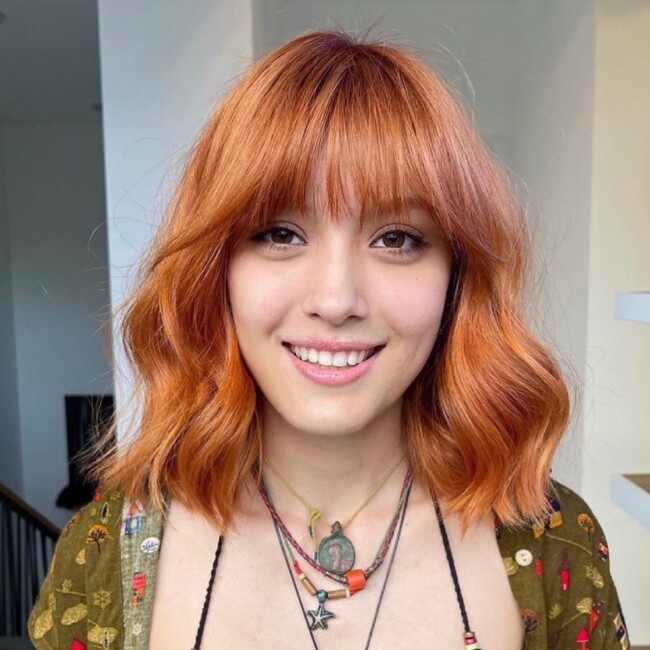 32 Shoulder Length Haircuts — Copper Long Bob Haircut with Bangs