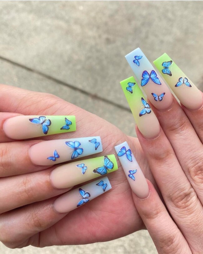 35 Cute Nail Designs for Spring and Summer — Butterfly Green and Blue Ombre Coffin Nails