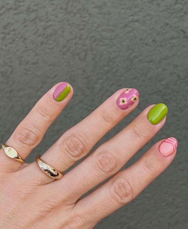 35 Cute Nail Designs for Spring and Summer — Green and Pink Short Nail Art