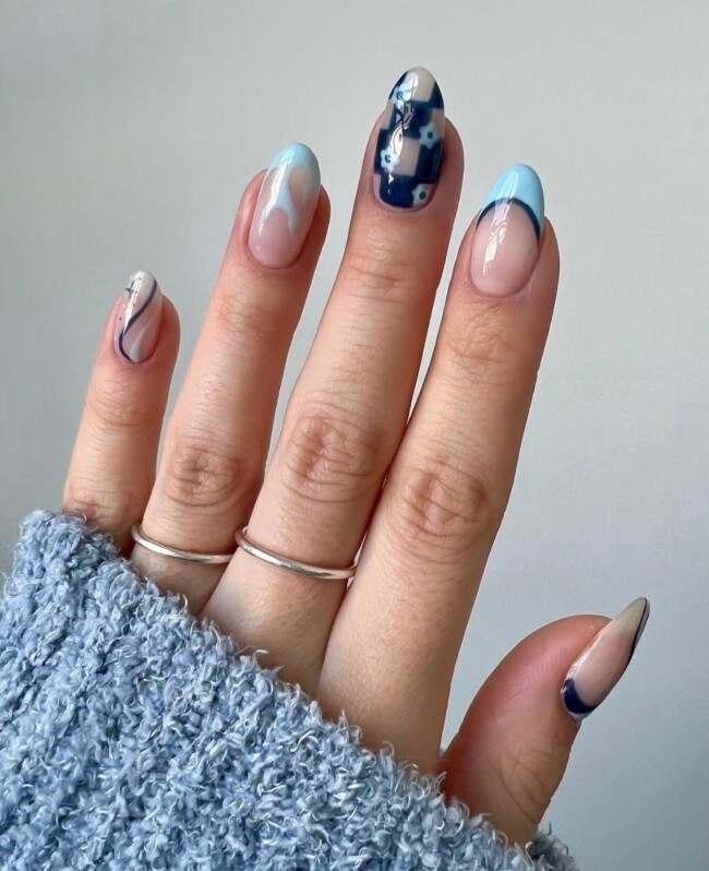 35 Cute Nail Designs for Spring and Summer — Shades of Blue Mixed Design Nail Art