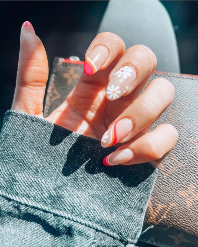 35 Cute Nail Designs for Spring and Summer — Daisy, orange and Red Swirl Nail Art