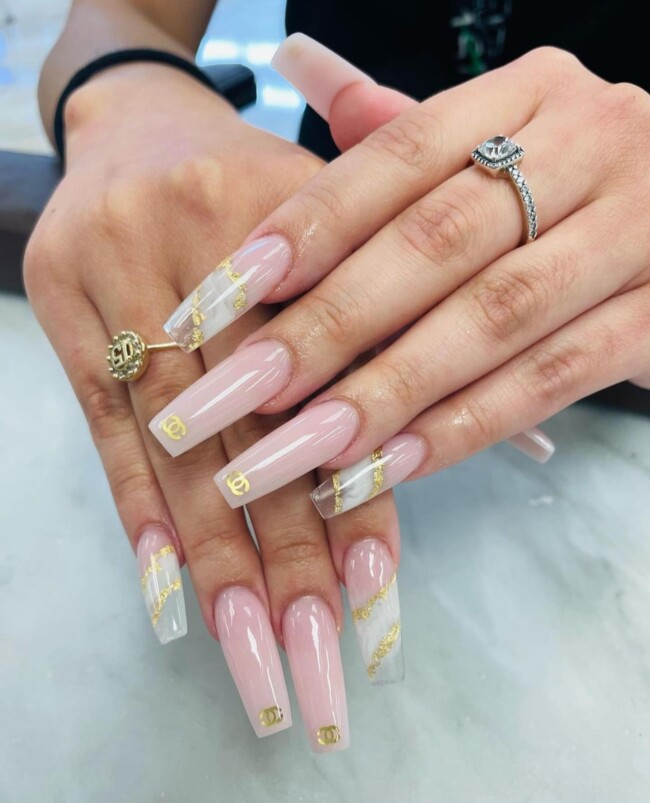 40 Nude Nail Designs For Any Occasion — Acrylic Nude Nails with Gold Chanel