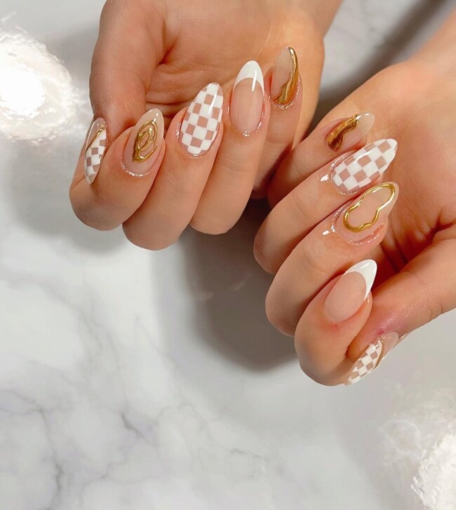 40 Nude Nail Designs For Any Occasion — White Check and French Nail Art